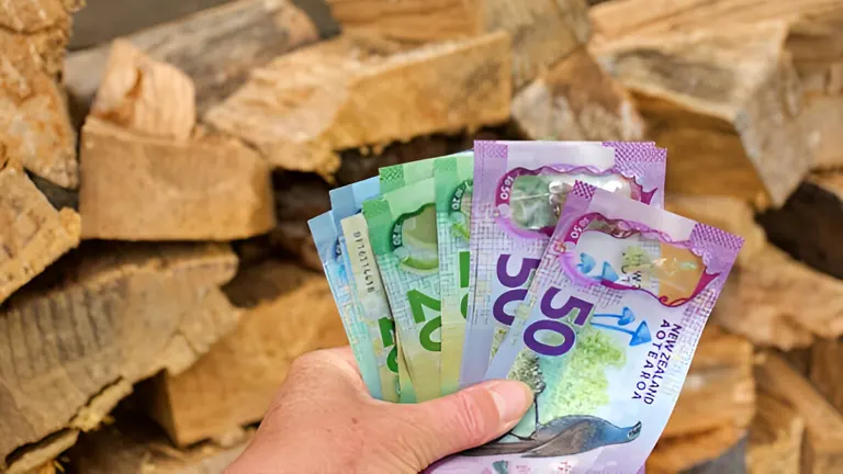 A hand holding a bundle of banknotes against a background of cut firewood, implying the value or sale of the wood.
