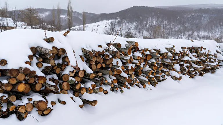 A long row of firewood covered in snow, demonstrating outdoor wood storage during winter.
