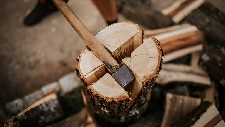 Splitting a log with an axe, focused on the action of cutting firewood.
