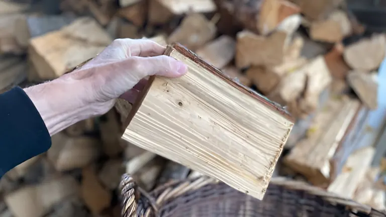 A hand holding a perfectly split piece of firewood, emphasizing the quality or readiness for burning.
