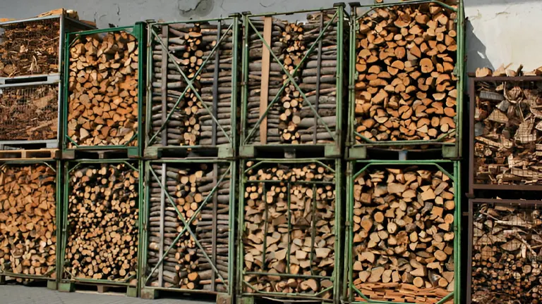 Firewood neatly stacked in large metal cages, showing organized outdoor storage.
