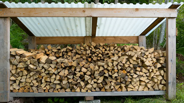 Firewood stored under a makeshift shelter with a metal roof, illustrating protective storage solutions.

