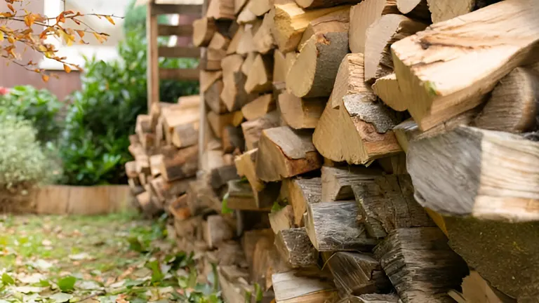 Firewood stacked along a house wall, showcasing convenient and accessible storage for home use.