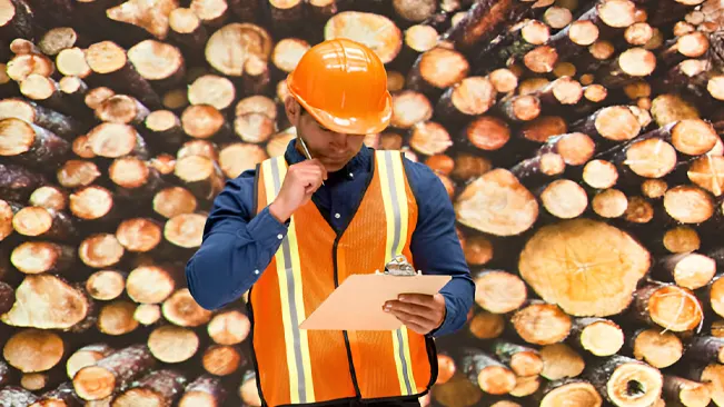 A timber procurement forester wearing safety gear inspects a clipboard in front of a stack of cut logs.