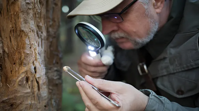 A forestry professor/researcher uses a magnifying glass and tweezers to examine a tree sample in the forest.