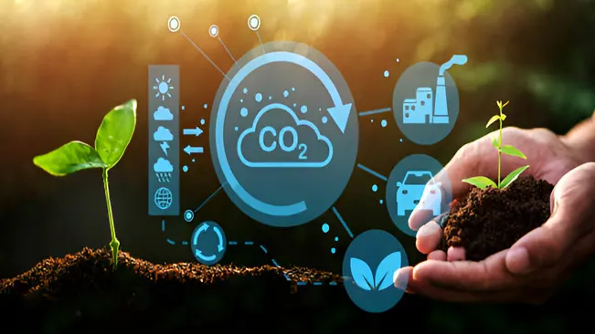 A natural resource manager holds a small plant with digital icons representing environmental elements and CO2 reduction.