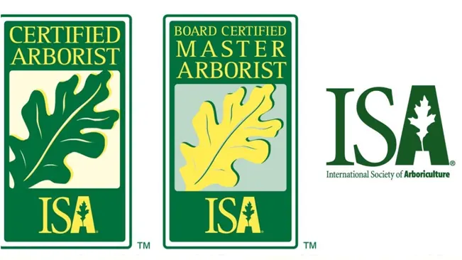 Logos of International Society of Arboriculture (ISA) certifications, including Certified Arborist and Master Arborist.
