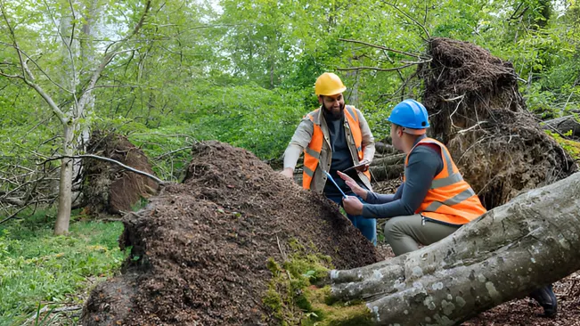 Two foresters in hard hats and safety vests communicate effectively while examining uprooted trees.