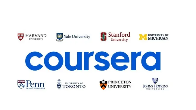 Coursera logo with university logos including Harvard, Yale, and Stanford.