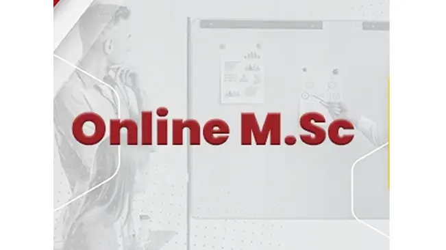 Online M.Sc text with a person and whiteboard background.
