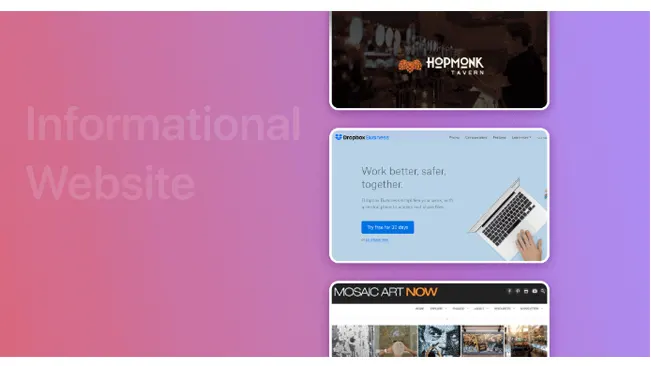 Informative websites displayed on a pink and purple gradient background, featuring various topics.