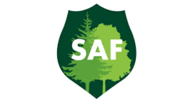 Society of American Foresters (SAF) logo with green trees on a shield, representing professional bodies.