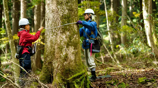 Forestry technicians measuring tree diameters for forest management and research.