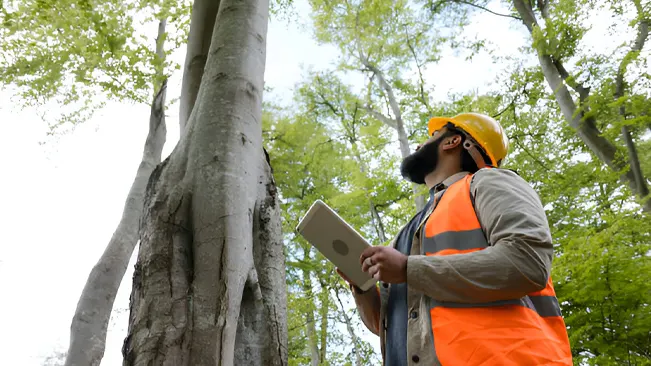 A forest manager using a tablet to practice sustainable management in forestry.