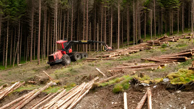 A machine employed in the forest illustrating modern timber harvesting techniques.