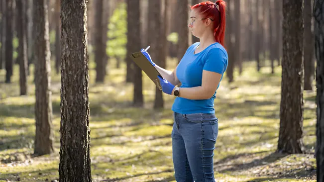 A forest manager using a clipboard to record data, demonstrating forest inventory techniques.