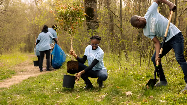 Volunteers digging a hole to plant a tree, demonstrating proper planting techniques.