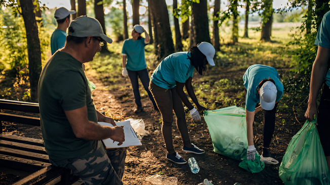 Volunteers participating in a forest cleanup, demonstrating community engagement in environmental conservation.