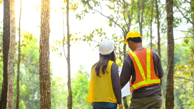 Two forest managers discussing forest management tips while assessing a healthy forest environment.