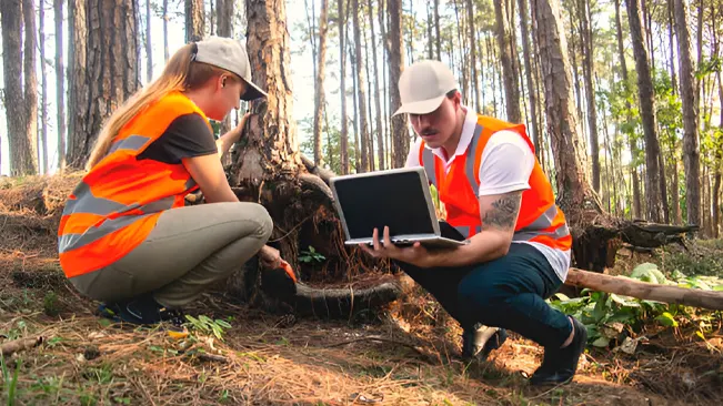 Two forest workers conducting fieldwork, assessing current forest conditions with a laptop.