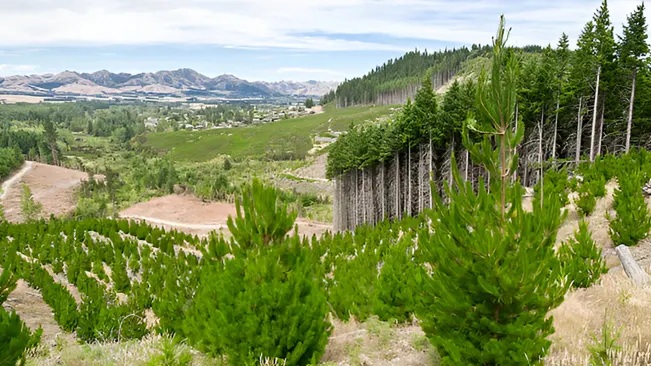 A landscape showing young trees growing in a reforested area, illustrating reforestation efforts.