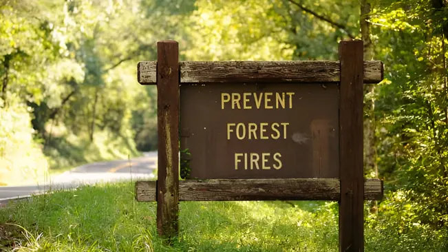 A wooden sign in a forest promoting effective fire prevention with the message 'Prevent Forest Fires'.