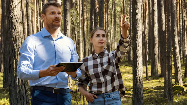 Two forest managers conducting regular assessments with a tablet in a forest.