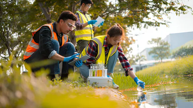 Environmental scientists conducting water quality tests during an environmental assessment in the field.