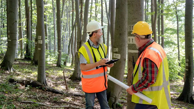 Two forest workers in safety vests conducting continuous monitoring in a forest.