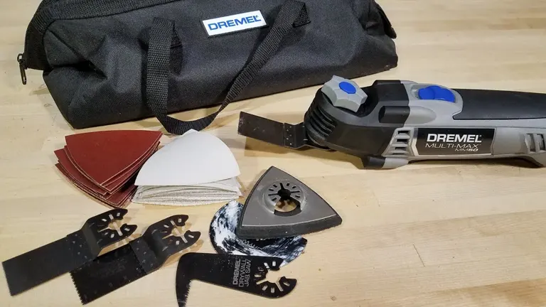 Dremel Multi-Max tool kit displayed with various blades and sanding pads.