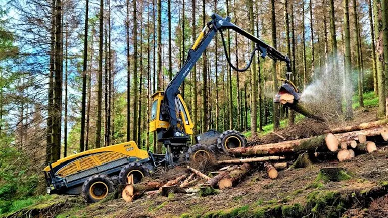 Yellow forestry machine processing logs in a dense forest.

