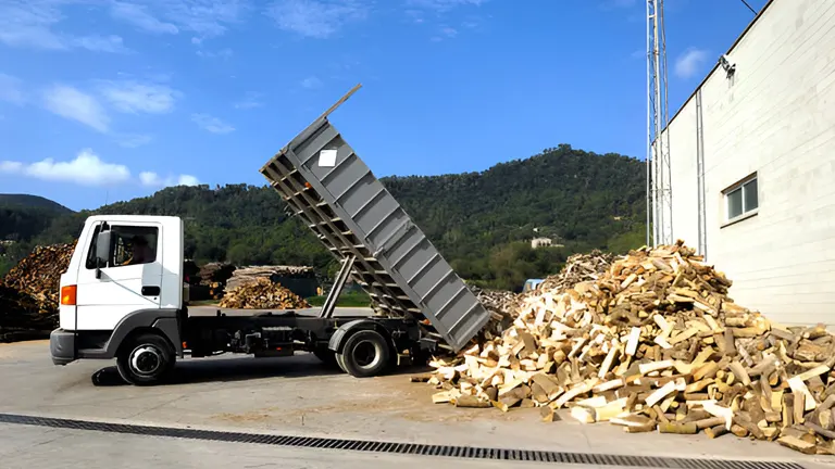 Dump truck unloading firewood at a processing facility.
