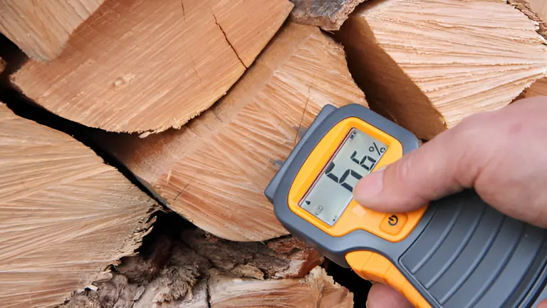Moisture meter checking the dryness of a log.