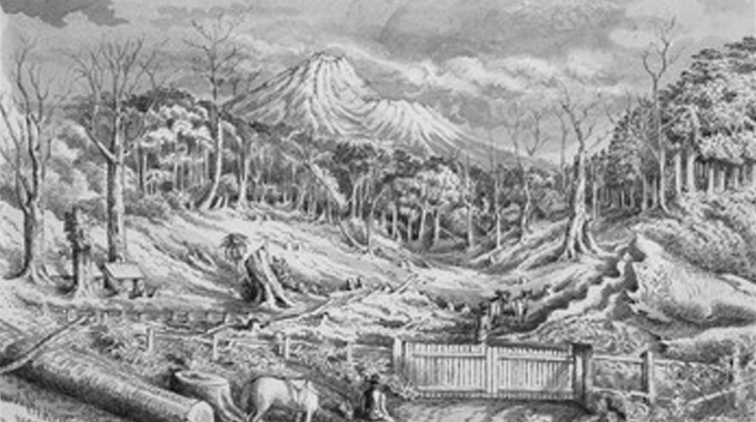 A black and white illustration depicting a historical scene of forest clearing. In the foreground, there are workers using horses and simple tools to cut down trees and clear the land.