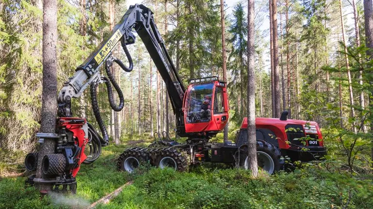Komatsu red forestry harvester operating in a dense forest.
