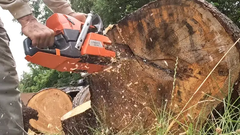 NEO-TEC NH872 chainsaw cutting through a large, thick log outdoors.