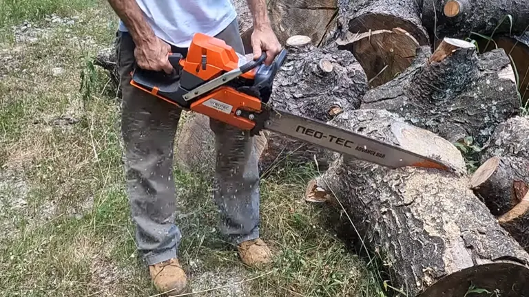 Person using a NEO-TEC NH872 chainsaw to cut through logs on the ground.