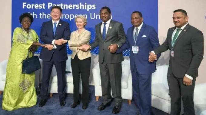 A group of leaders and officials from different countries standing together and holding hands at an event promoting forest partnerships with the European Union. 