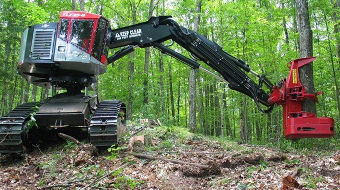 A piece of heavy forestry machinery, specifically a tree harvester, equipped with a large mechanical arm and cutting head, operating in a dense forest.