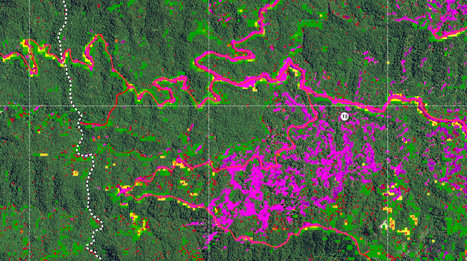 A color-coded satellite map depicting forest cover and land use changes in a hilly or mountainous region. Various colors such as green, pink, yellow, and red highlight different types of vegetation, land cover, and human activities. 