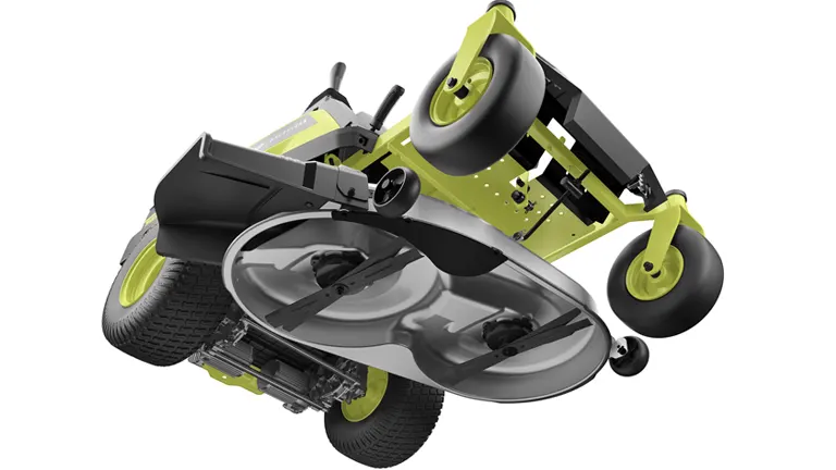 Bottom view of Ryobi 80V HP Brushless 42" mower showing the multi-blade system and wheels.