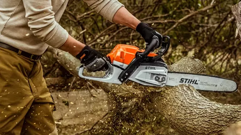 Person using a Stihl chainsaw to cut through a thick tree branch.
