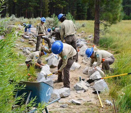 Tahoe Center California Conservation Corps members shape rocks to create the siding, Economic Impact of Forestry