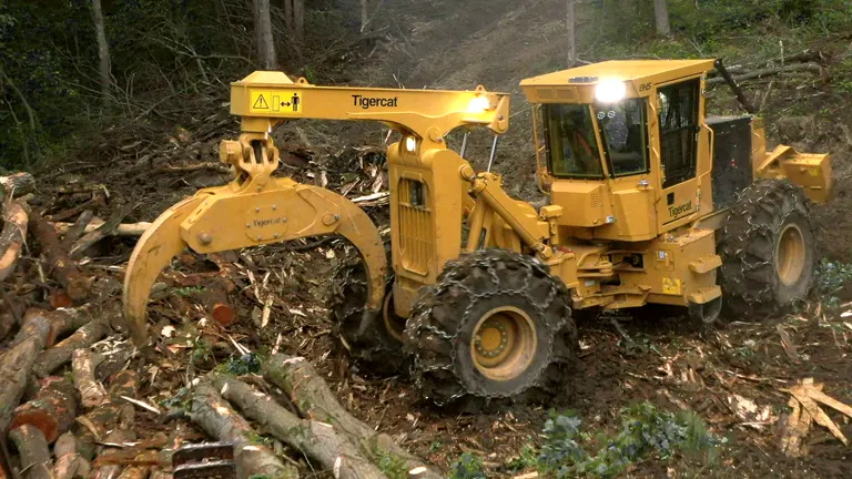 Tigercat forestry skidder maneuvering through a logged forest.
