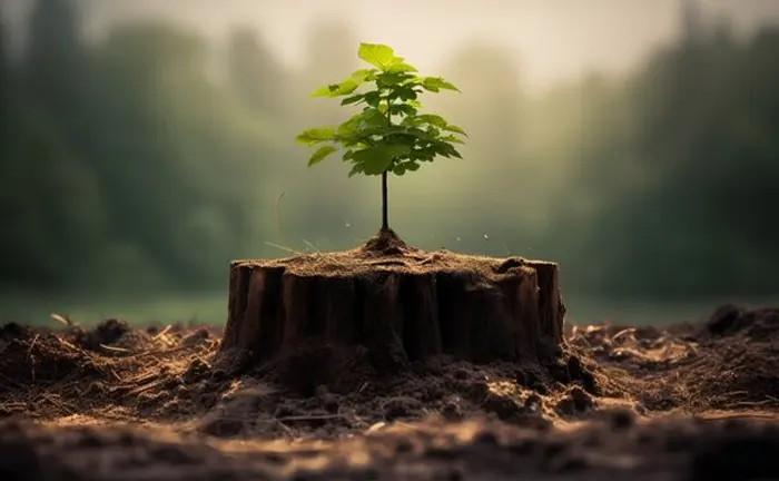 Young tree growing from a stump, symbolizing sustainable forest regeneration and wildfire risk reduction