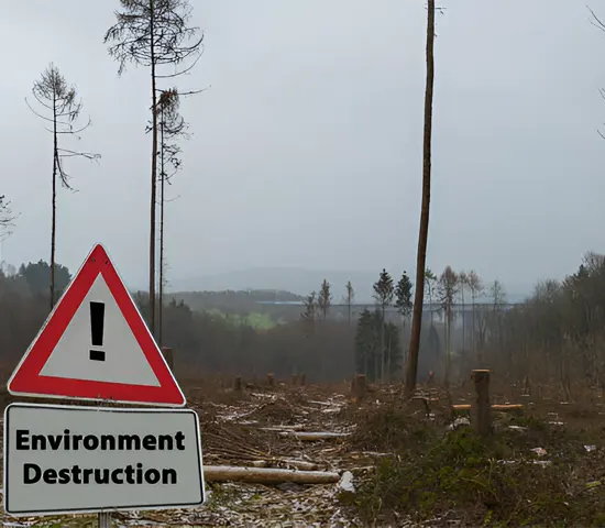 Deforested area with a warning sign about environmental destruction.