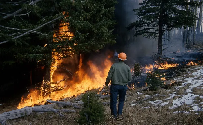 Forest worker monitoring a controlled burn as part of fire prevention efforts in a wooded area.