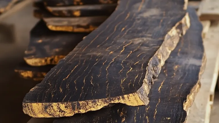 Close-up of rough-cut dark wooden planks with natural grain patterns