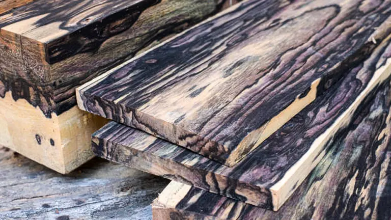 Piles of dark, patterned wooden planks with distinctive grain.