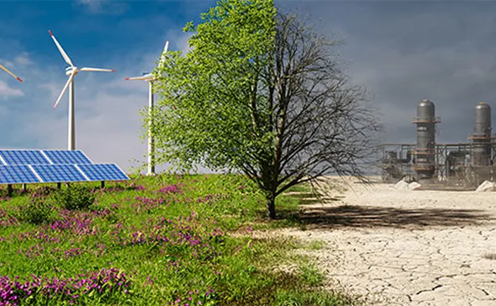 Contrasting scene with renewable energy sources like wind turbines and solar panels on one side and an industrial plant on the other, highlighting a shift towards sustainable practices for biodiversity protection.